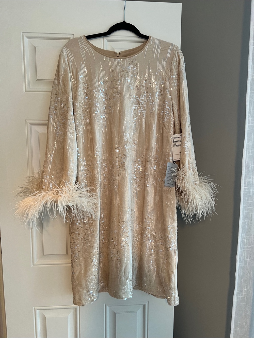 Beaded Champagne Sequin Dress with Feather Cuffs - Brand New